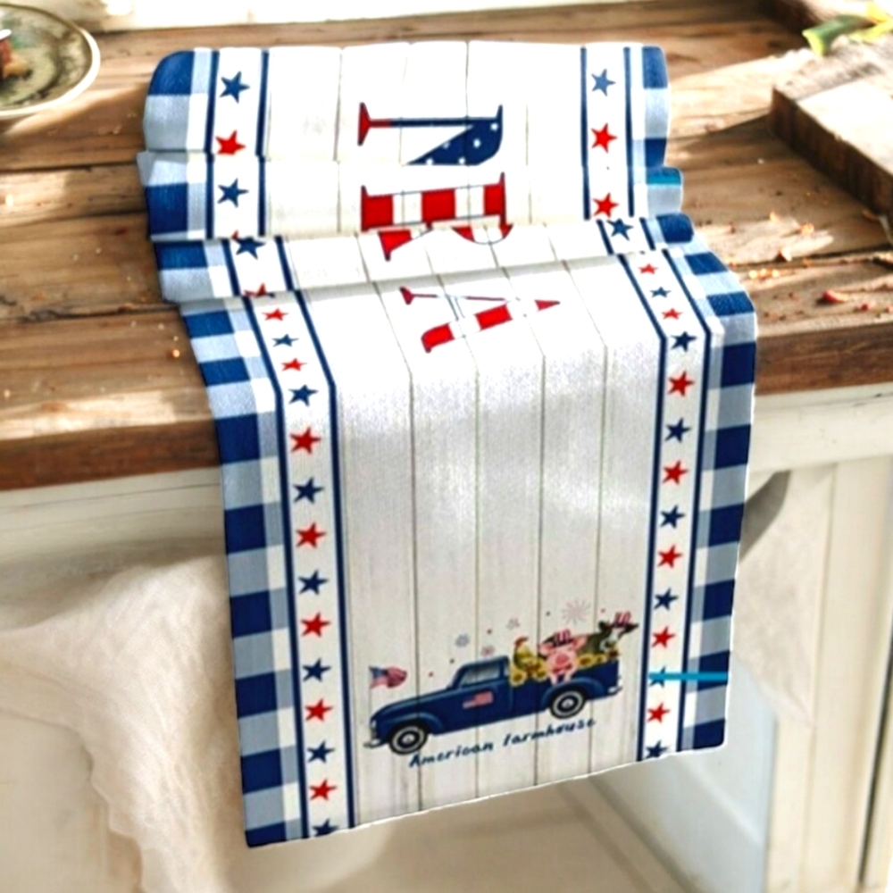 Patriotic vintage truck farmhouse summer table runner 13x90 NEW - Picture 2 of 4